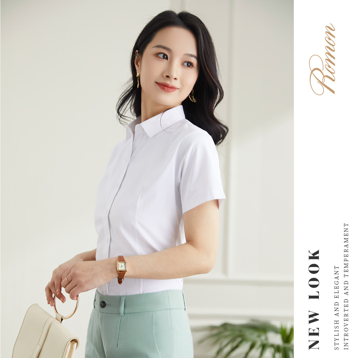 9309519.罗蒙夏季女装短袖衬衫女士修身显瘦商务通勤纯色棉质衬衣女