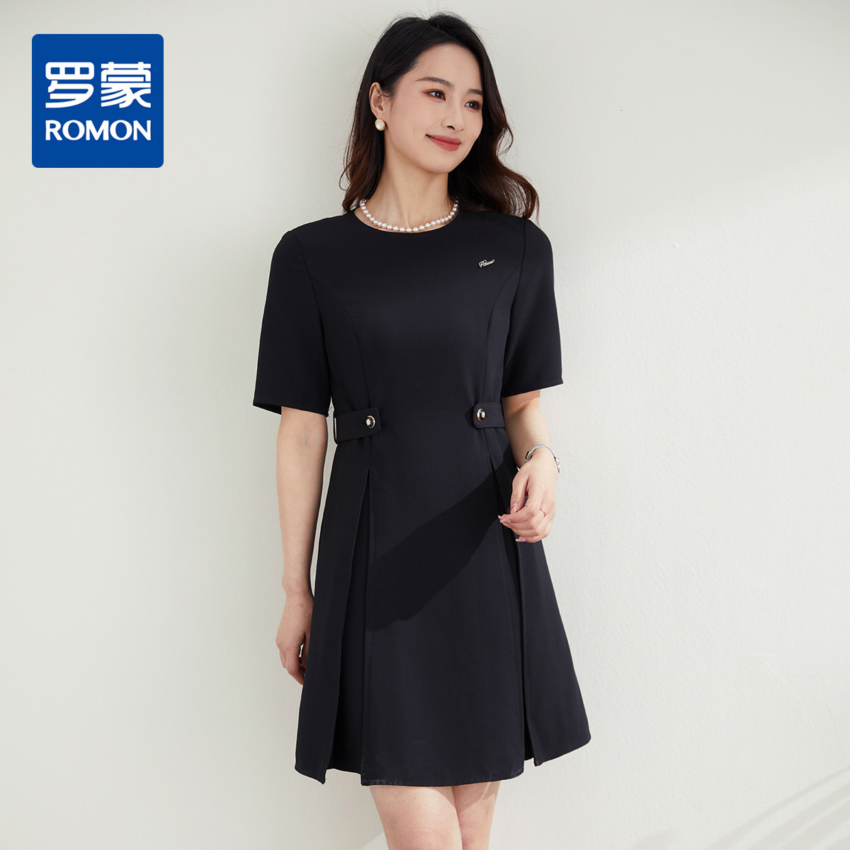 9314138.罗蒙夏季短袖连衣裙女士收腰修身显瘦时尚优雅通勤休闲连衣裙