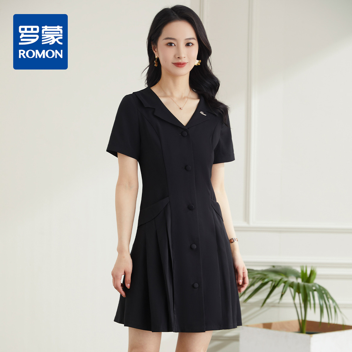9316204.罗蒙夏季女装短袖连衣裙女士修身显瘦休闲百搭通勤OL西装领连衣裙女