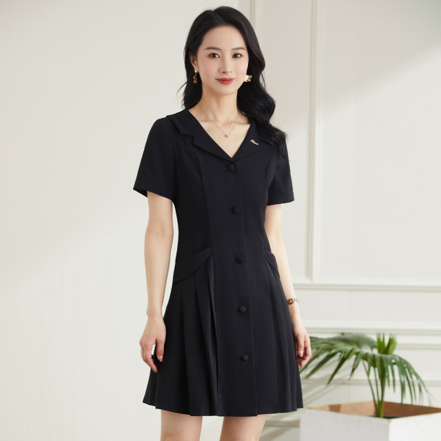 9316204.罗蒙夏季女装短袖连衣裙女士修身显瘦休闲百搭通勤OL西装领连衣裙女
