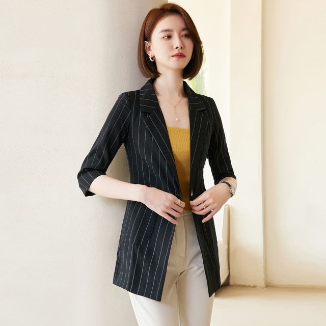 9316676.罗蒙夏季女装小西装外套女士经典条纹五分袖休闲单西商务通勤西装外套女