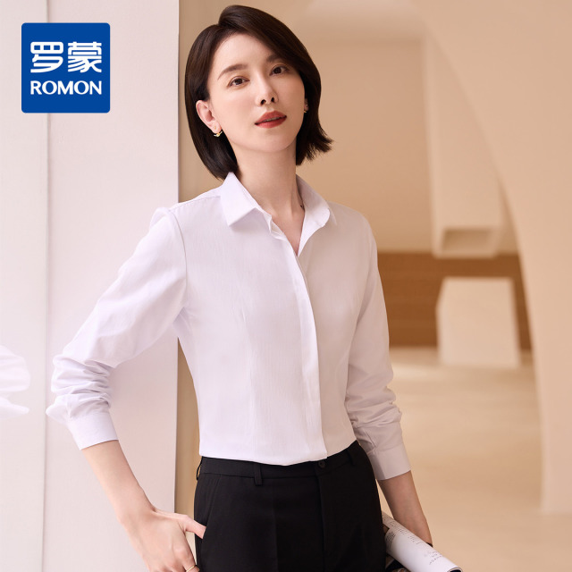 9322311.【精美刺绣】罗蒙春秋女装长袖衬衫女士正装商务通勤职业工装棉质衬衣