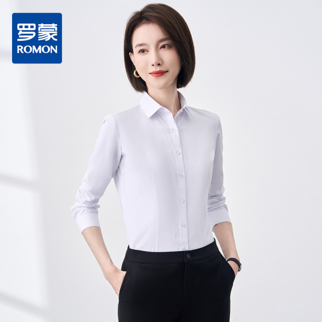 9321834.【专柜定制刺绣款】罗蒙春夏女装长袖衬衫女士正装商务通勤百搭纯色棉质衬衣