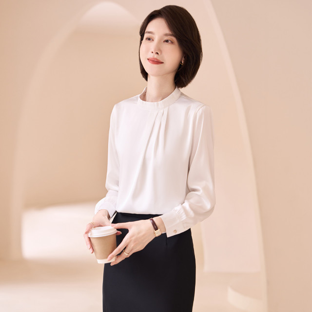 9322343.【高定款】罗蒙圆领气质长袖衬衫女商务休闲通勤质感纯色女士衬衣