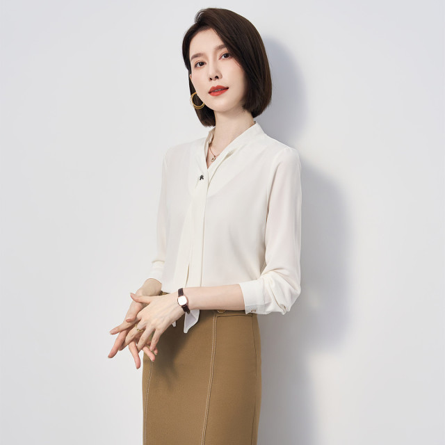 9324537.【高定款】罗蒙春季女士长袖衬衫简约飘带干练气质商务通勤衬衣女
