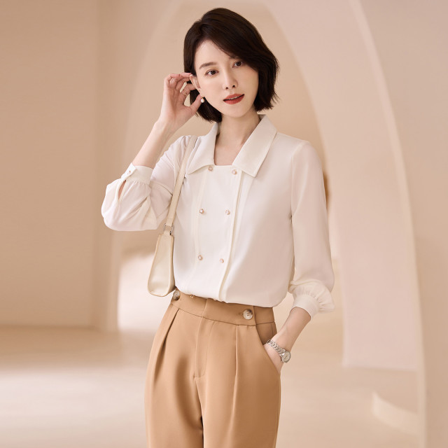 9324663.【高定款】罗蒙春季女士长袖衬衫优雅大方简约双排扣商务通勤衬衣女