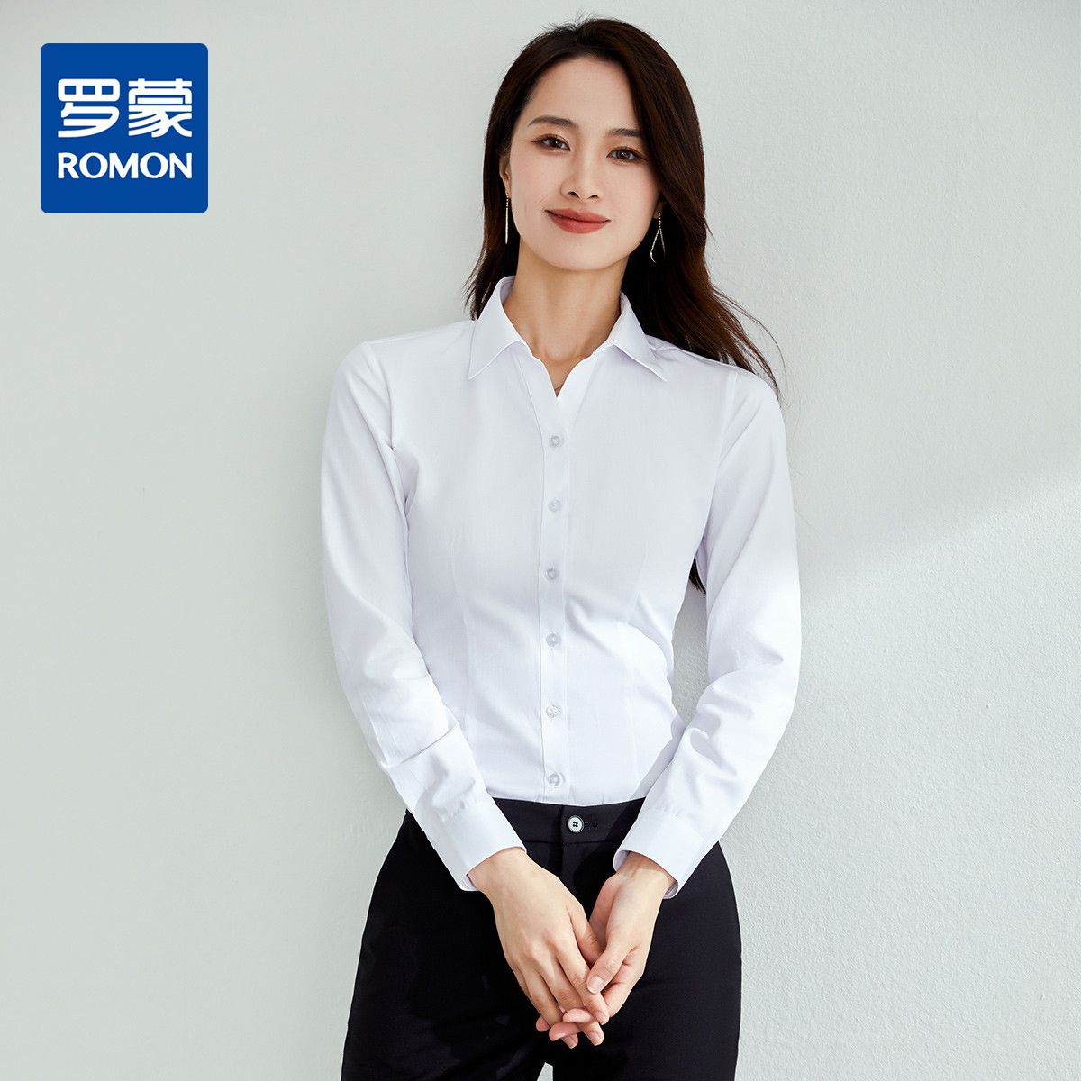 9324773.罗蒙春秋女士长袖衬衫商务正装纯色百搭棉柔透气修身显瘦上班衬衣女