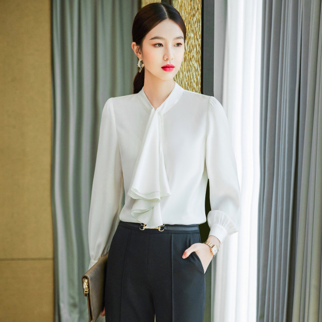 9326985.罗蒙春秋女装长袖衬衫女士时尚设计感商务通勤白领职场OL气质衬衣女