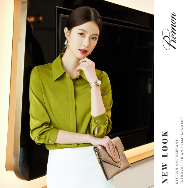 9326528.罗蒙春秋款多色可选女士长袖衬衫商务通勤百搭经典翻领缎面衬衣女