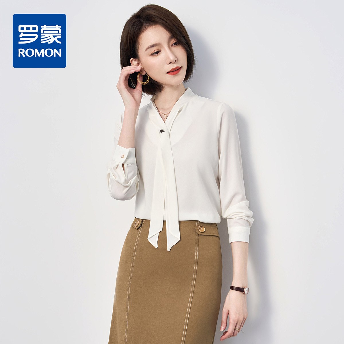 9324537.【高定款】罗蒙春季女士长袖衬衫简约飘带干练气质商务通勤衬衣女