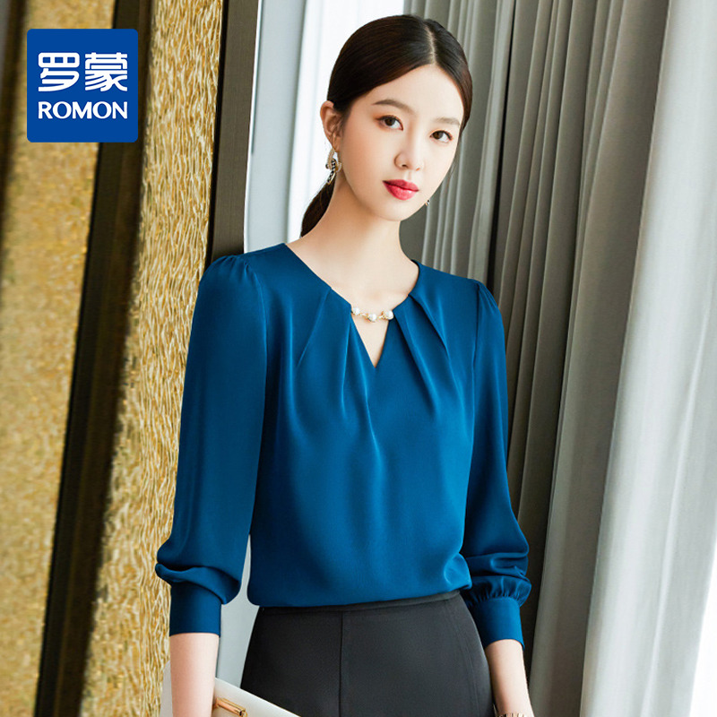 9326329.罗蒙春秋女士长袖衬衫时尚气质V领商务通勤百搭衬衣女