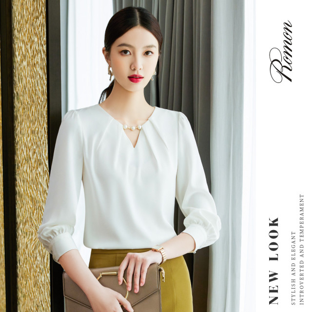 9326329.罗蒙春秋女士长袖衬衫时尚气质V领商务通勤百搭衬衣女