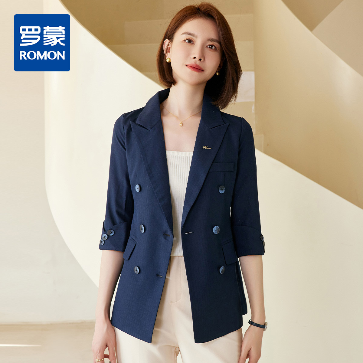 9328710.罗蒙春夏薄款女士双排扣小西装外套商务通勤休闲七分袖单西女