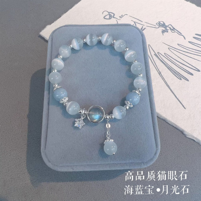9331556.好运原创设计猫眼石海蓝宝月光石水晶手链轻奢
