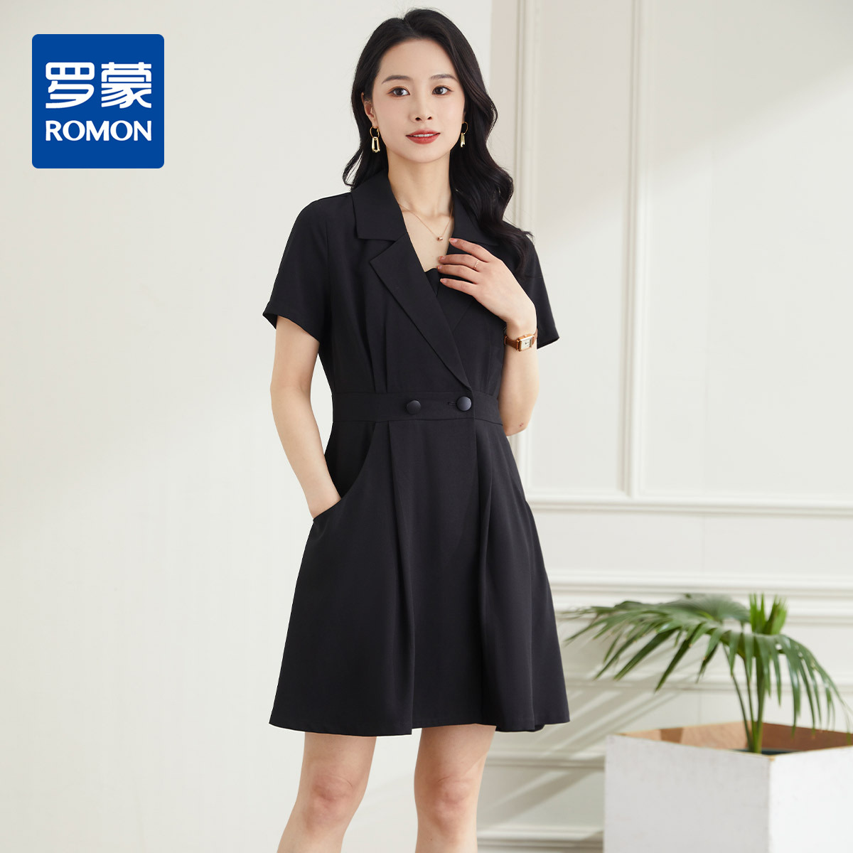 9371202.罗蒙夏季西装领短袖连衣裙女士休闲百搭气质优日常通勤连衣裙女