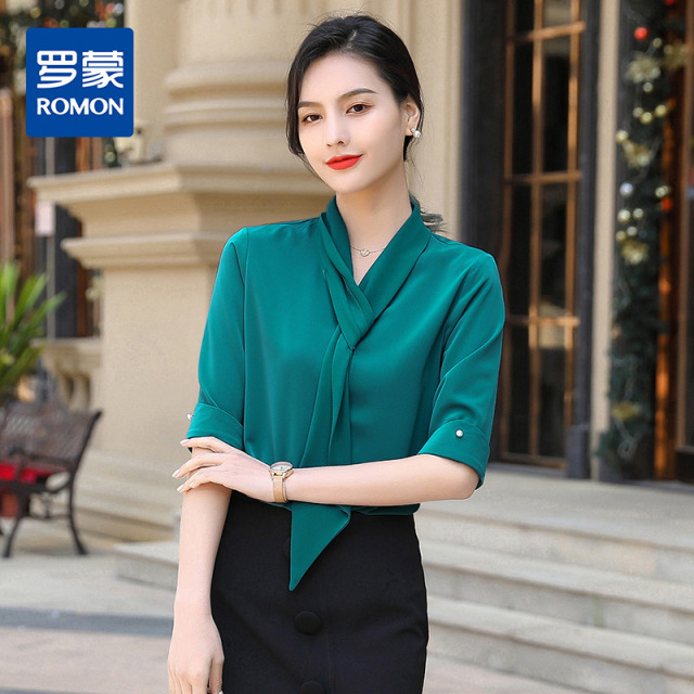 9369384.罗蒙衬衫女短袖时尚飘带衬衣商务休闲百搭纯色半袖女衬衫