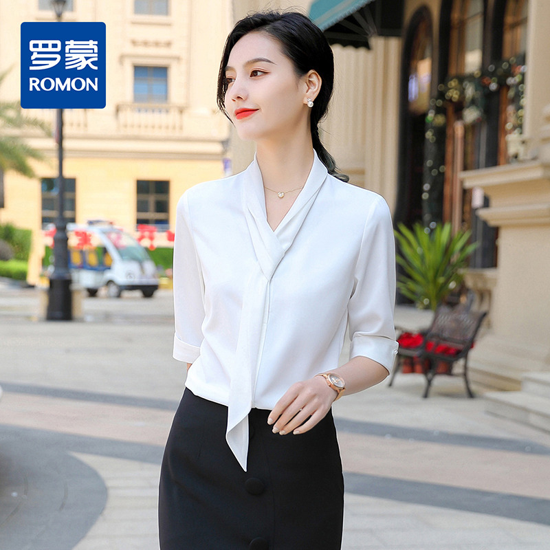 9369384.罗蒙衬衫女短袖时尚飘带衬衣商务休闲百搭纯色半袖女衬衫