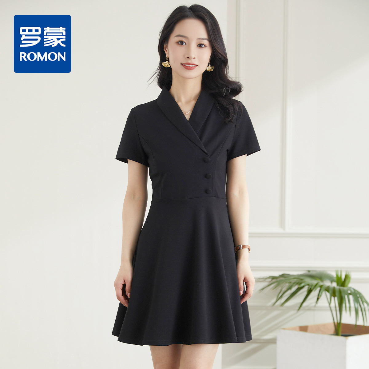 9371611.罗蒙夏季西装领短袖连衣裙女中长款气质优雅修身显瘦通勤百搭连衣裙女
