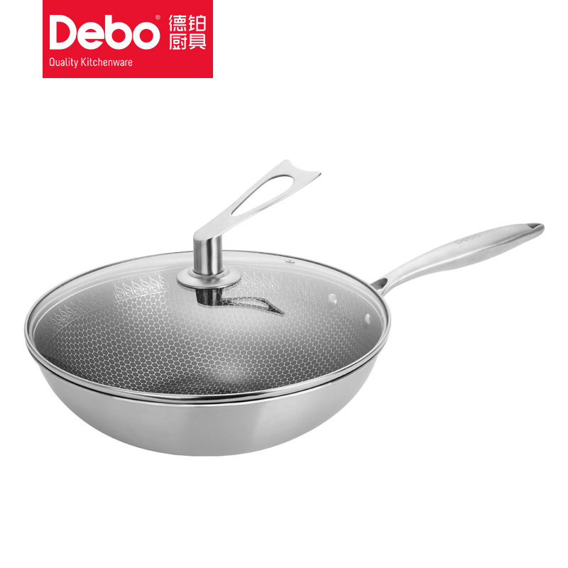 9369429.Debo德铂马里奥炒锅304不锈钢无涂层不粘炒菜锅32cm