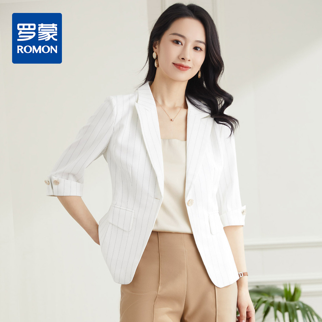 9374134.罗蒙夏季女装轻薄短袖小西装外套女士时尚休闲通勤百搭条纹单西服上衣外套