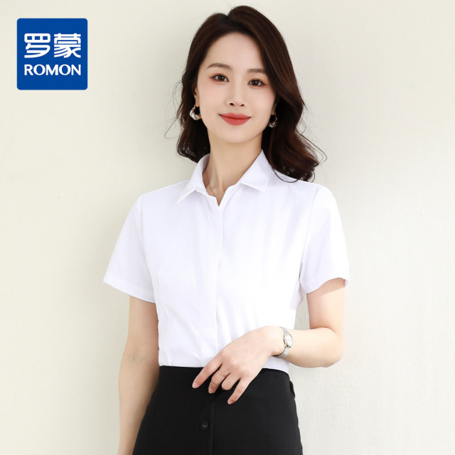 9373578.罗蒙夏季女装短袖棉质衬衫女士修身显瘦暗门襟商务通勤职业OL上班衬衣女