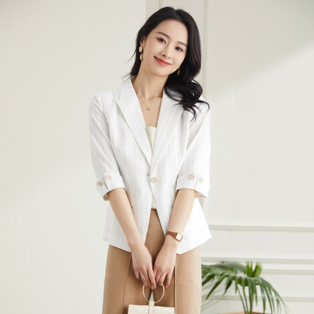 9374134.罗蒙夏季女装轻薄短袖小西装外套女士时尚休闲通勤百搭条纹单西服上衣外套