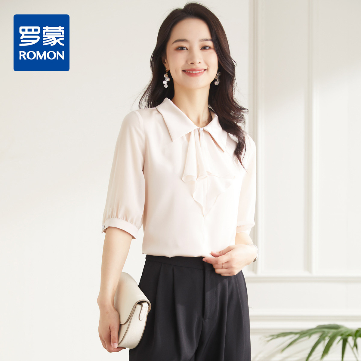 9373310.【优雅知性】罗蒙夏季女士短袖衬衫时尚百搭气质领结商务通勤衬衣女