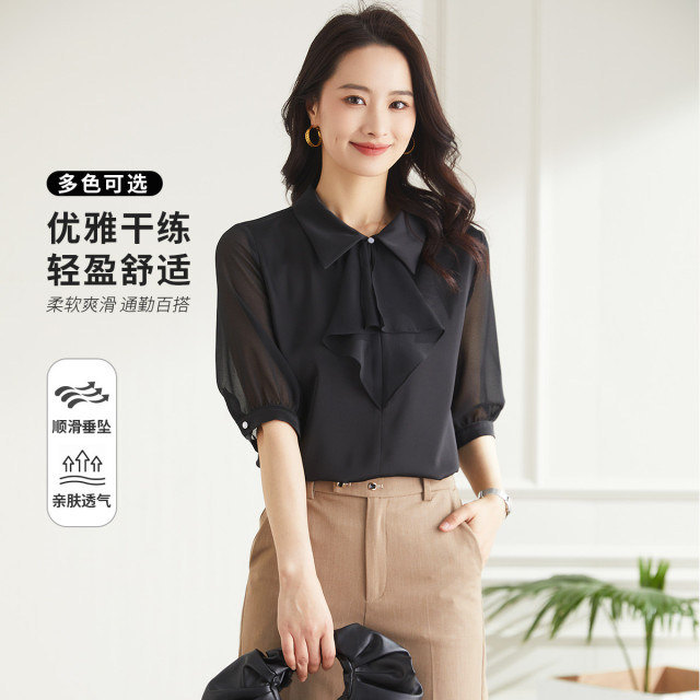 9373310.【优雅知性】罗蒙夏季女士短袖衬衫时尚百搭气质领结商务通勤衬衣女