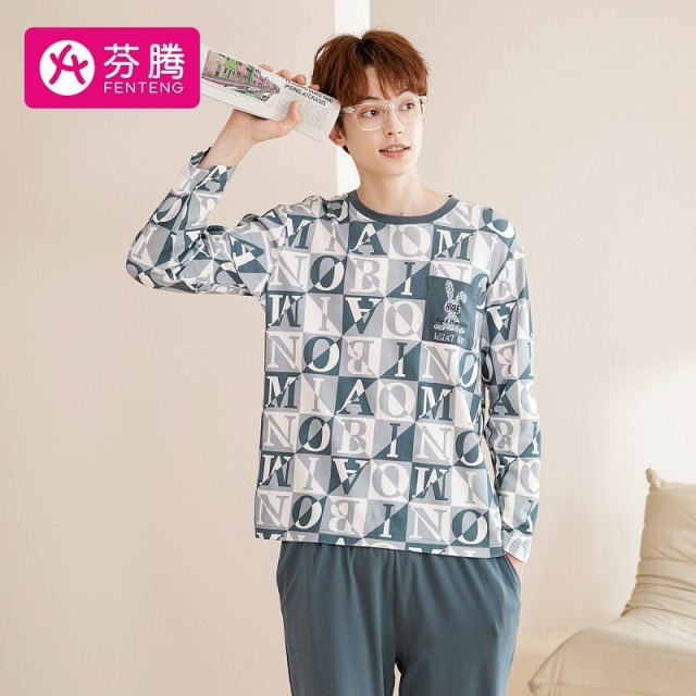 9393273.芬腾【透气纯棉时尚风套装】新款圆领春秋长袖家居服内衣男士套装睡衣
