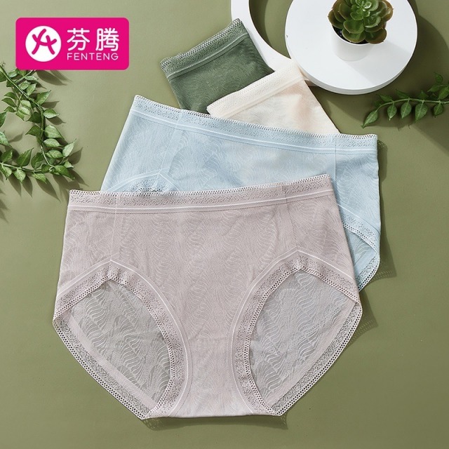 9393332.芬腾【性感蕾丝 轻薄透气】4条装无痕收腹中高腰三角裤女士内裤女