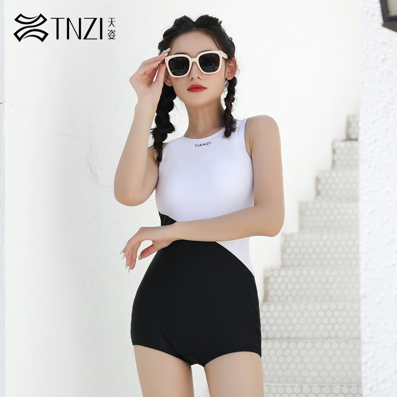 9395694.TNZI天姿新款ins风高级感黑白拼接连体平角泳衣女泡温泉游泳馆泳装
