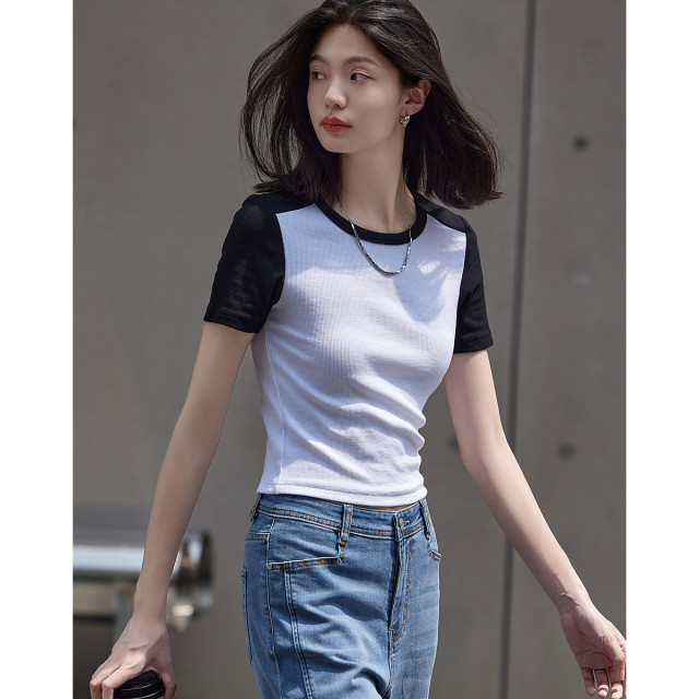 8798994.夏季高弹棉质撞色女式t恤圆领简约短袖t恤女