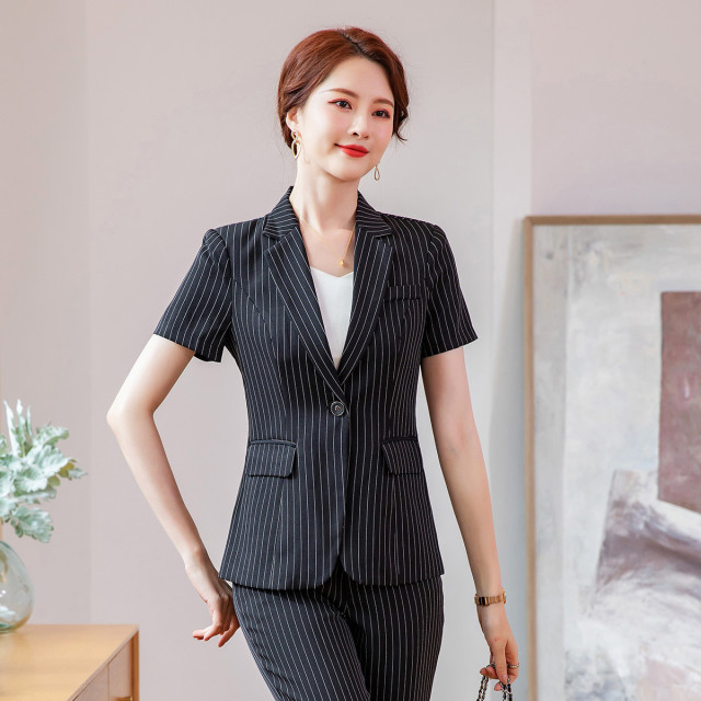 9441141.罗蒙夏季薄款短袖小西装外套女士商务通勤修身显瘦条纹单西服上衣外套