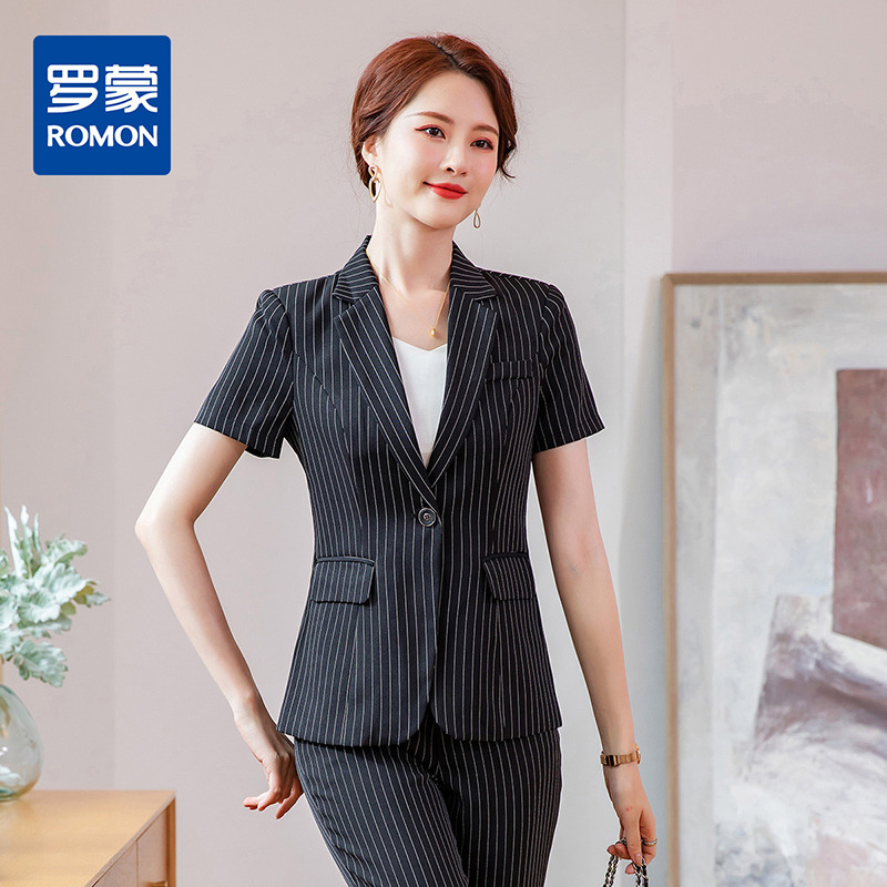 9441141.罗蒙夏季薄款短袖小西装外套女士商务通勤修身显瘦条纹单西服上衣外套