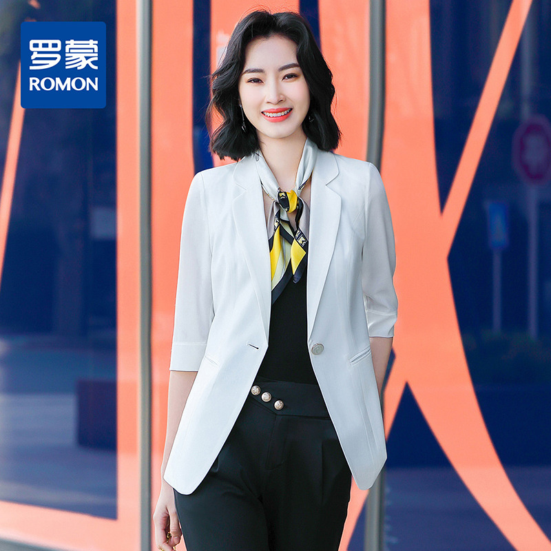 9453018.罗蒙短袖小西装外套女春夏薄款修身显瘦休闲条纹单西开衫
