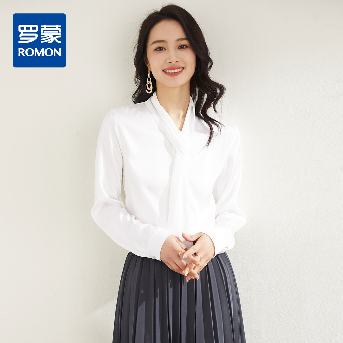 9452870.罗蒙春秋女式长袖衬衫简约大气时尚有型气质飘带衬衫衬衣女