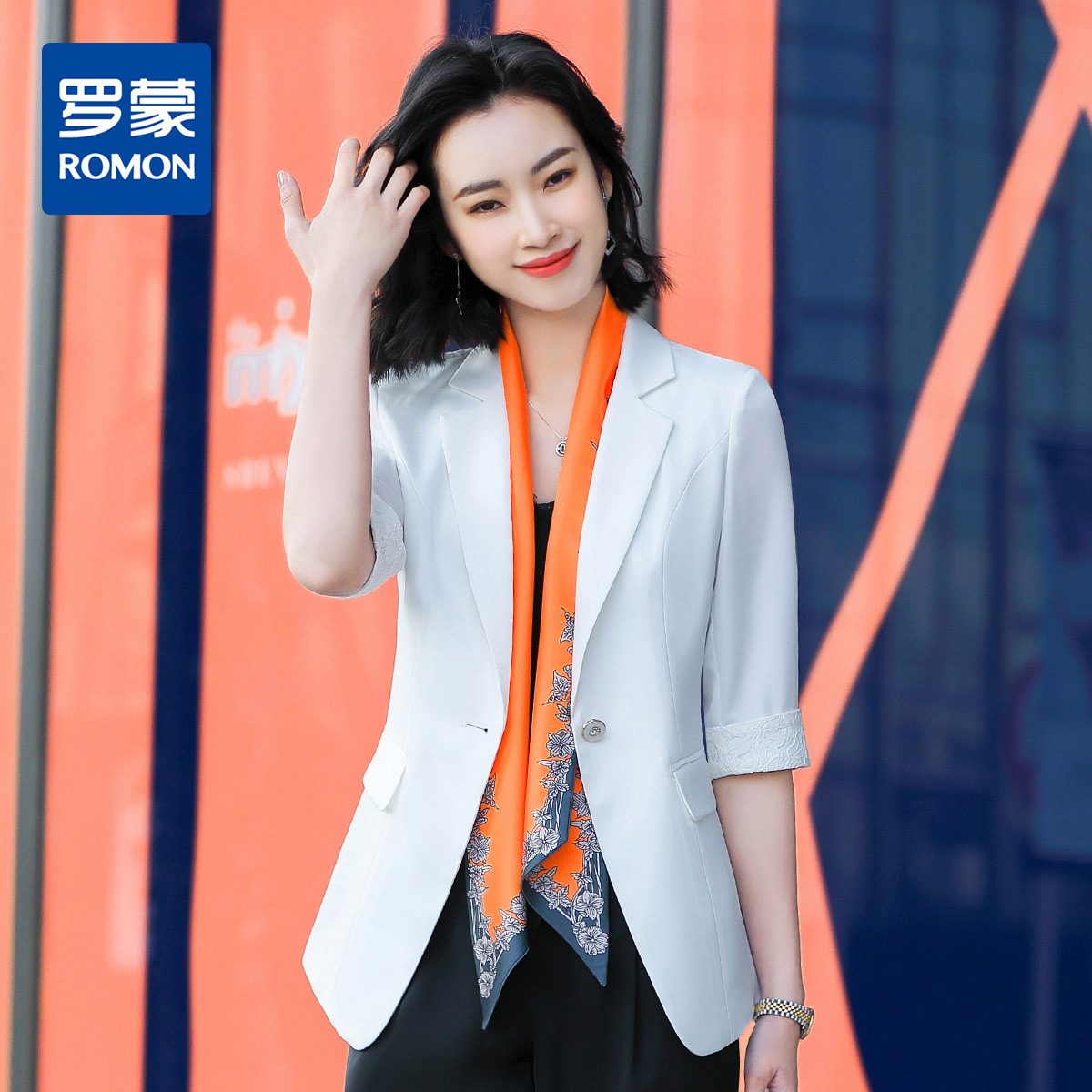 9453112.【蕾丝拼接】罗蒙短袖小西装外套女春夏薄款蕾丝镂空休闲单西服女开衫