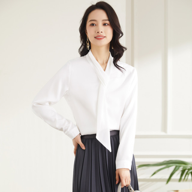 9452870.罗蒙春秋女式长袖衬衫简约大气时尚有型气质飘带衬衫衬衣女