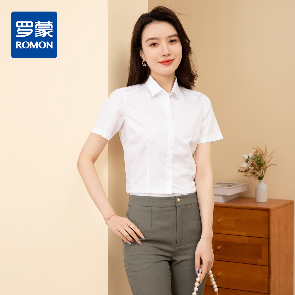 9457818.【100%棉 成衣免烫工艺】罗蒙夏季短袖衬衫女士商务通勤职业装女全棉衬衣