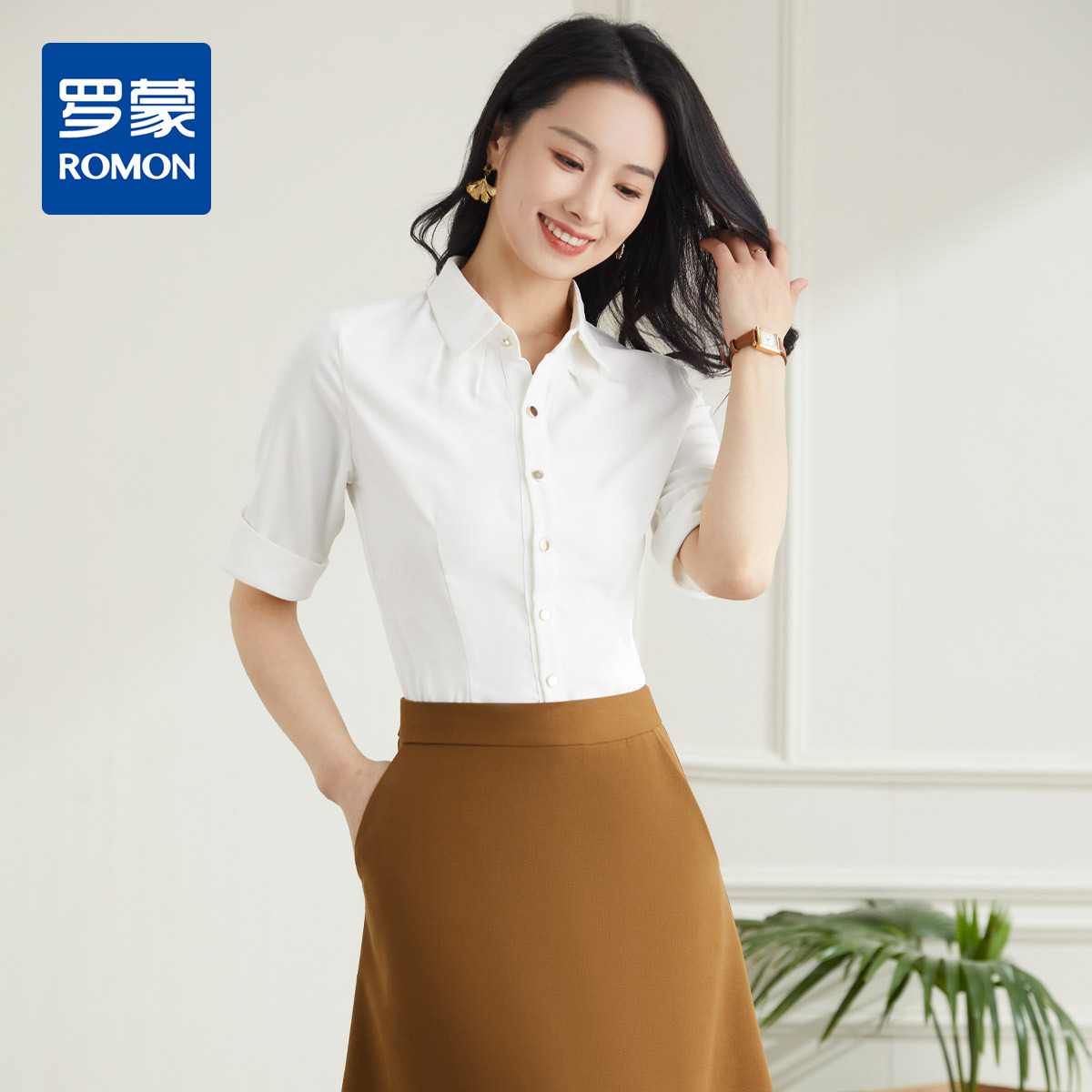 9457851.罗蒙夏季短袖衬衫女士时尚干练简单大方商务通勤百搭日常衬衣女