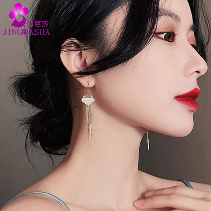 11501890.晶芭莎 国潮风如意耳环女气质珍珠长款流苏耳坠