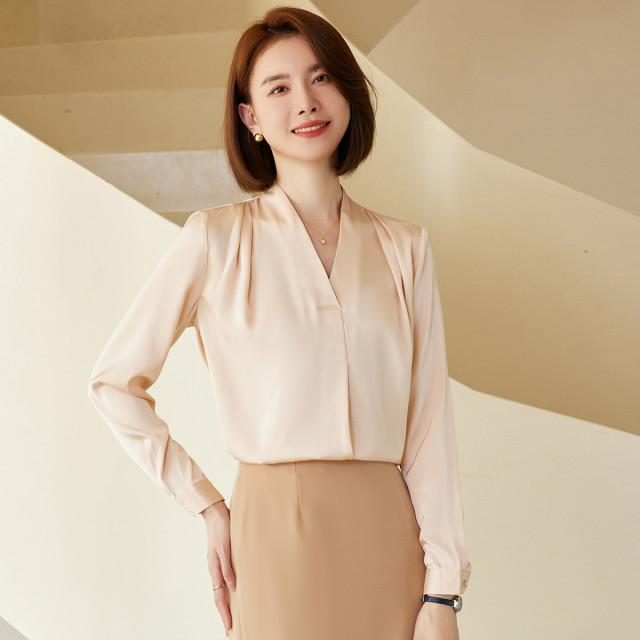9495405.【褶皱设计】罗蒙女士长袖衬衫气质V领休闲商务通勤百搭衬衫衬衣女
