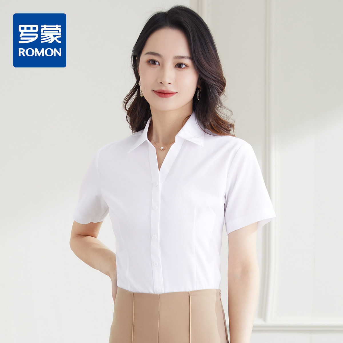9458044.【60棉】罗蒙夏季女装棉质V领短袖衬衫女士商务通勤职业OL工装衬衫女