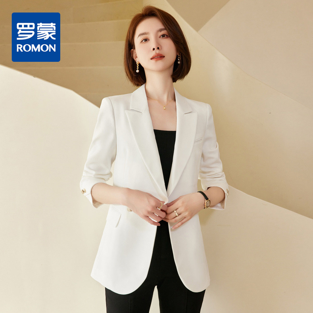 9499141.罗蒙春款双排扣小西装外套女士商务休闲通勤百搭气质单西服上衣外套女