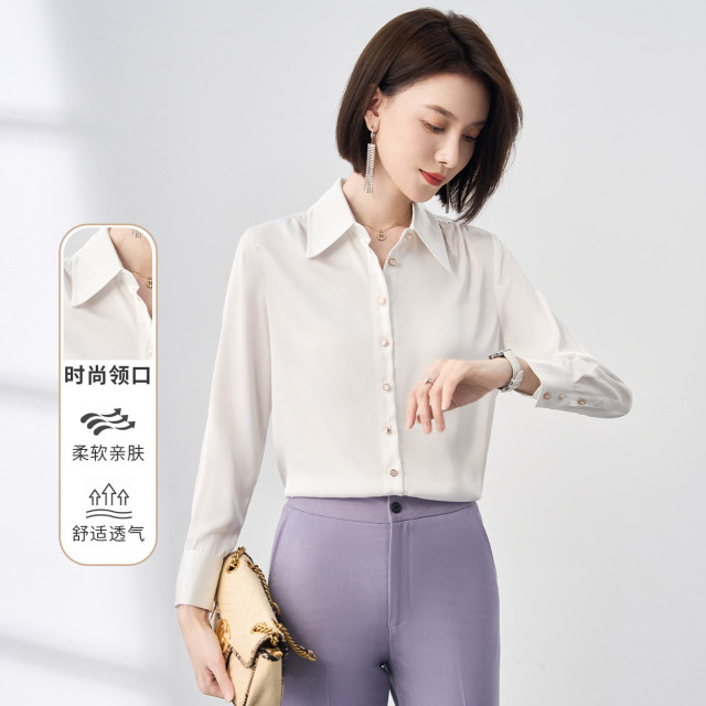 9507851.【简约干练】罗蒙女士衬衫优雅百搭精致肩部褶皱舒适绸缎休闲长袖衬衣