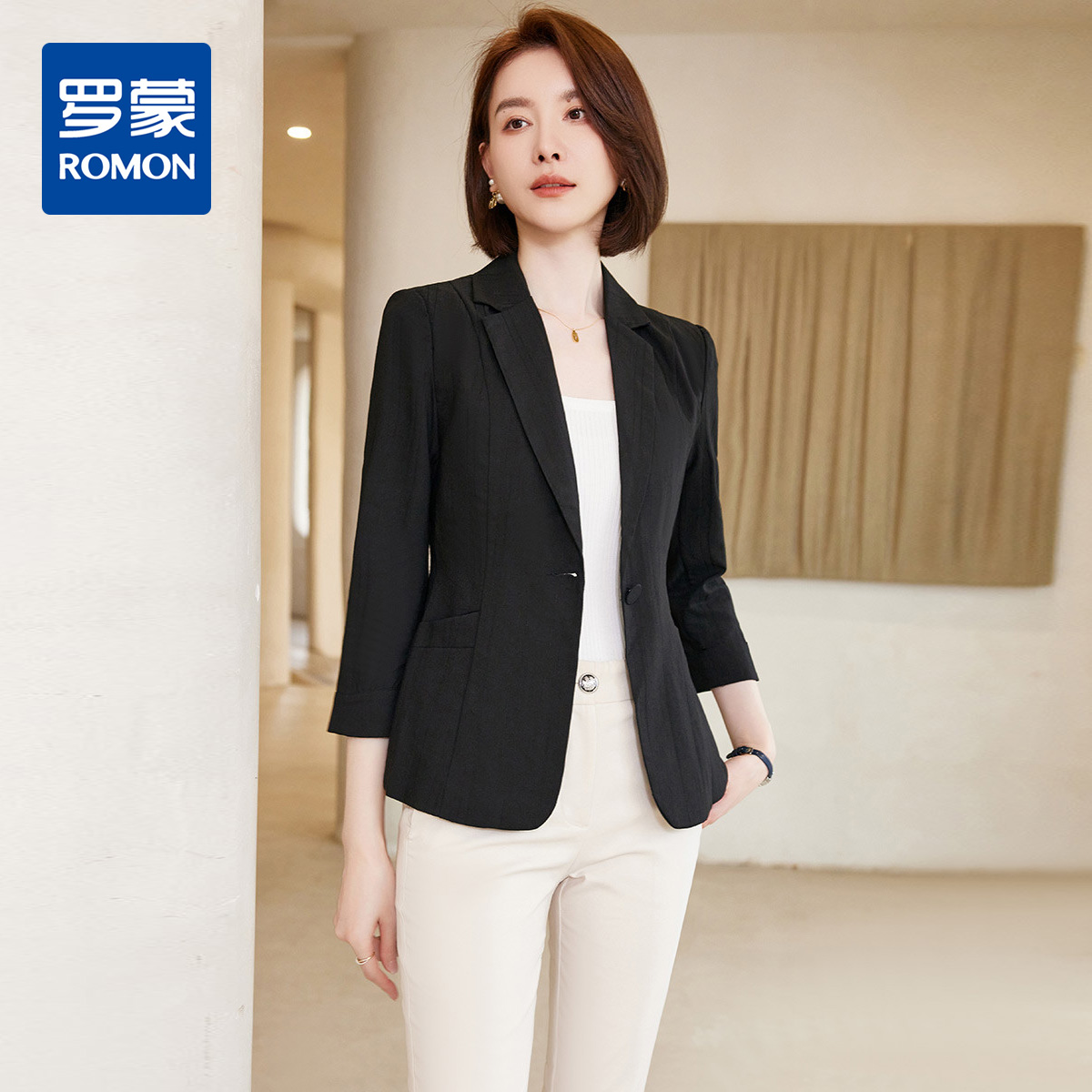 9508054.罗蒙春夏款女士西服九分袖单西商务通勤休闲百搭小西装外套女