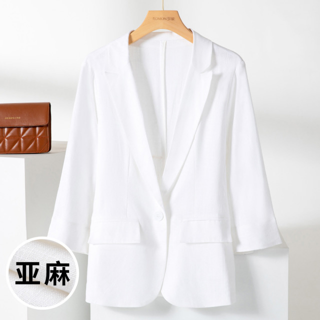 9507845.【亚麻混纺】罗蒙西装外套女夏季一粒扣舒适透气亚麻小西装单西服