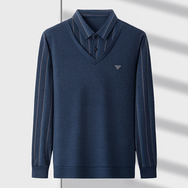 9505250.雄狮爸爸春秋装长袖t恤中老年人薄款上衣服假两件中年男士春季打底衫
