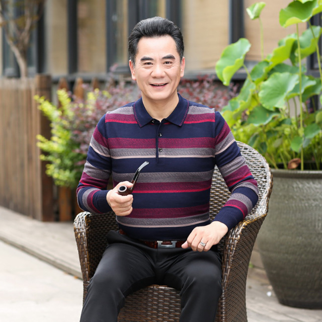 9519336.雄狮中年男士长袖t恤 秋季男装翻领薄款针织衫体恤中老年爸爸装
