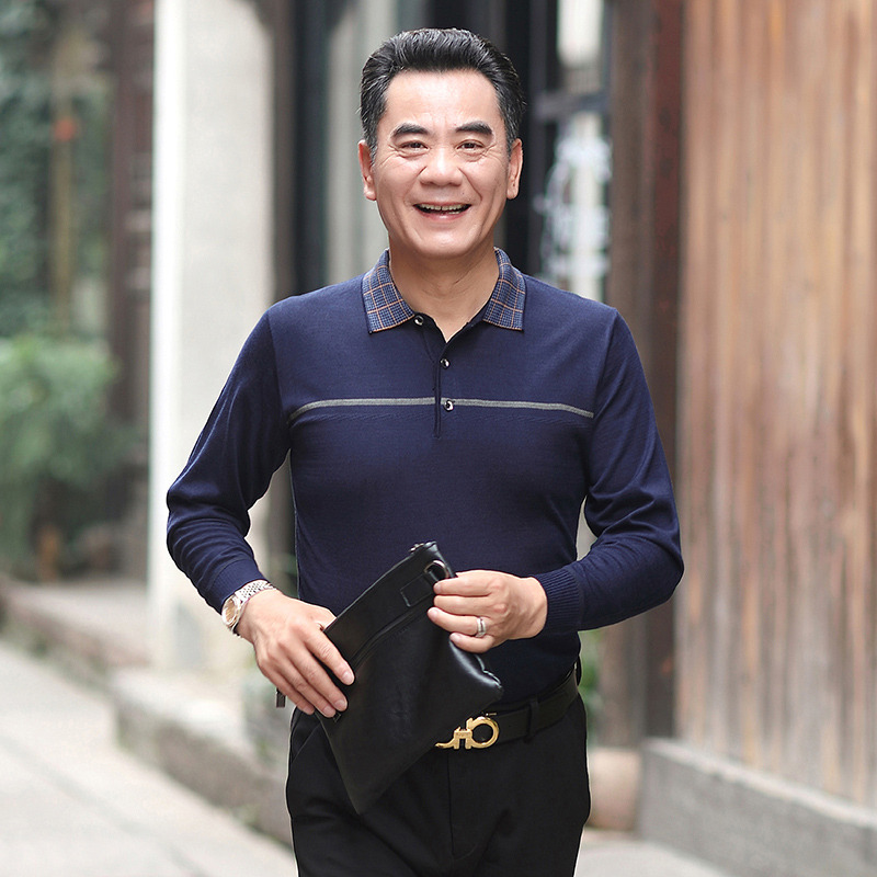 9519362.2023新款中老年长袖t恤男士宽松大码打底衫中年爸爸秋装针织上衣
